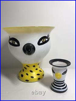 2 Vintage Kosta Boda Bird Vase Large & mini Yellow white Black Art Glass Signed