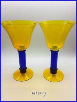 2 Vintage Kosta Boda Swedish Yellow Blue Blown Wine Glasses Great Condition