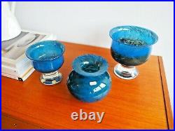 3 pcs Vintage Signed Numbered Kosta Boda Bertil Vallien Blue Glass Bowls Vase