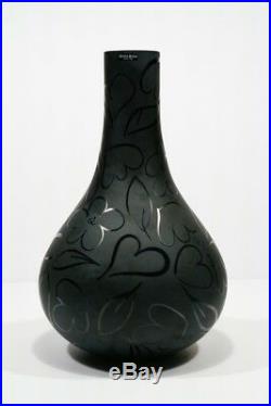 Gorgeous Black Satin KOSTA BODA Art Glass Whimsical Heart Bottle Vase with Label