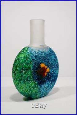 KOSTA BODA Art Glass Reef Collection Fish Out Of Water Blue Bottle Vase with Label