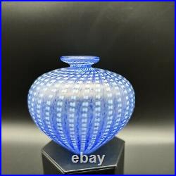 KOSTA BODA BERTIL VALLIEN Art Glass Sweden Signed Iridescent Blue Dotted Vase