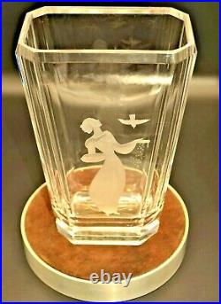 KOSTA BODA Original Vintage Artist Signed Deco Crystal Cut Satin Glass Vase