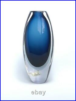 KOSTA BODA VICKE LINDSTRAND Signed Vase Sommerso Solid Blue Glass 1950, H7-8