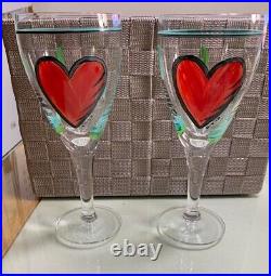 KOSTA BODA Wine Glasses Pair Set Cute Heart Red Ulrica Hydman Vallien
