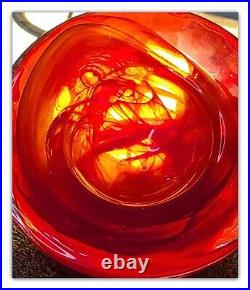 Kosta Boda Art Glass Bowl Transparent Heavy Glass Votive Red Swirls