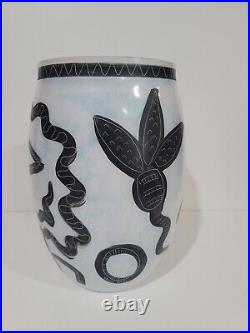 Kosta Boda Art Vase Large Black And White Faces Fish Snake Signed 13