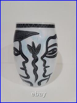 Kosta Boda Art Vase Large Black And White Faces Fish Snake Signed 13