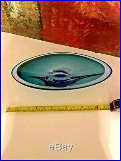 Kosta Boda Blue Studio Art Glass Zoom Bowl Center Piece Signed Goran Warff 14