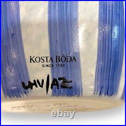 Kosta Boda Glass Blue Ribbon 7 Inch Tall Vase Signed Hand Painted