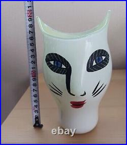 Kosta Boda Glass Vase Hand Painted Cat Face Signed Ulrika Hydman Vallien Sweden