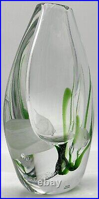 Kosta Boda Glass Vicke Lindstrand Vase Etched Fish Green Seaweed Bubble