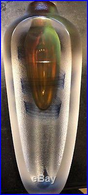 Kosta Boda Goran Warff Rare Vase Frosted Glass & Orange Bulb Design Blue Swirl