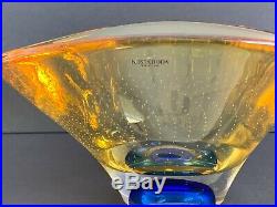 Kosta Boda Goran Warff Signed Amber and Cobalt Blue Art Glass Bowl 50206