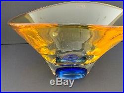 Kosta Boda Goran Warff Signed Amber and Cobalt Blue Art Glass Bowl 50206