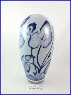 Kosta Boda Olle Brozen Floating Flowers Art Glass Vase Blue White 8 3/4 Signed
