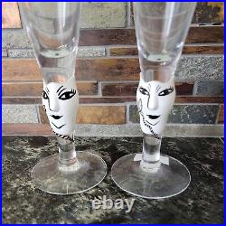 Kosta Boda Open Minds Face Painted Champagne Flutes 9 3/8 Signed Set of 2