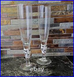 Kosta Boda Open Minds Face Painted Champagne Flutes 9 3/8 Signed Set of 2
