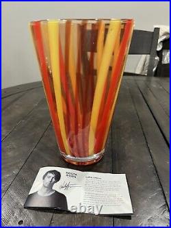 Kosta Boda Orange Red Striped Cabana 9 Art Glass Vase 4510 Sticker Card