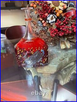 Kosta Boda Red Satellite Glass Bottle Signed By Artist Bertil Vallien 30cm Heigh