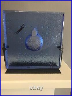 Kosta Boda Sweden 8 X 8 X 1 Swimming & Cat Blue Glass Plaque On Stand
