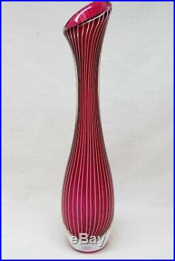 Kosta Vicke Lindstrand. Zebra Vase In Red With White Lines. Signed