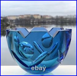 LIMITED Ed GORAN WARFF KOSTA BODA Bowl Signed Blue Crystal Art Sculpture, H 4