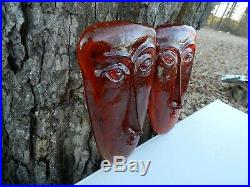 Pair 1960's Erik Hoglund Kosta Boda Tangerine Art Glass Face Masks Unsigned