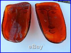 Pair 1960's Erik Hoglund Kosta Boda Tangerine Art Glass Face Masks Unsigned
