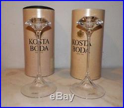 Pair (2) Kosta Boda Clear Crystal Fanfare Candlesticks 9 Unused Kjell Engman