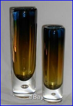 Pair Of Kosta Boda Vicke Lindstand Swedish Art Vases Bubble Amber Blue Sommerso
