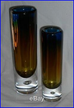 Pair Of Kosta Boda Vicke Lindstand Swedish Art Vases Bubble Amber Blue Sommerso