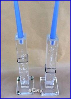 Pair Vintage Kosta Boda Bertil Vallien Blue Pillar Art Glass Candlesticks