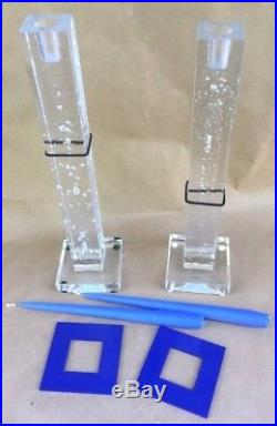 Pair Vintage Kosta Boda Bertil Vallien Blue Pillar Art Glass Candlesticks