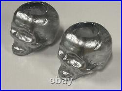 Pair of Beautiful Art Glass Kosta Boda Still Life Silver Skull Candleholders