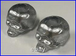 Pair of Beautiful Art Glass Kosta Boda Still Life Silver Skull Candleholders