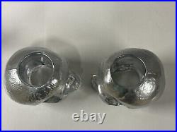 Pair of Beautiful Art Glass Kosta Boda Still Life Silver Skull Candleholders