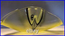 RARE Yellow Kosta Boda Handpainted BIRD Art Glass Tri Sided BOWL signed UHV/SG