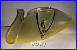 RARE Yellow Kosta Boda Handpainted BIRD Art Glass Tri Sided BOWL signed UHV/SG