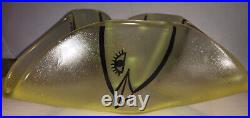 RARE Yellow Kosta Boda Handpainted BIRD Art Glass Tri Sided BOWL signed UHV/SG