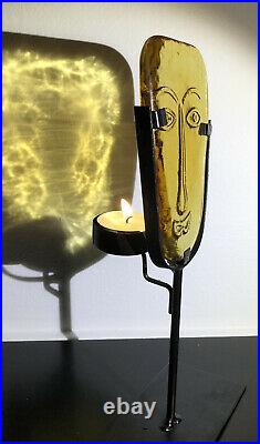 Rare ERIK HOGLUND KOSTA BODA SWEDEN Glass Face and Iron Candle Holder Yellow 11