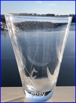 Signed Famous VICKE LINDSTRAND KOSTA BODA Nors Fishing Etched Glass Vase, 1950