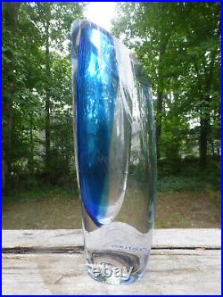 Signed Göran Wärff Kosta Boda Vase Clear & Blue 11 3/8 Glass Vase 5.6 lbs
