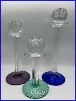 Signed Kosta Boda GUNNEL SAHLIN Set 3 Glass Candlestick Holders Teal Purple Blue