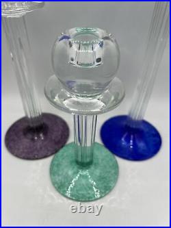 Signed Kosta Boda GUNNEL SAHLIN Set 3 Glass Candlestick Holders Teal Purple Blue
