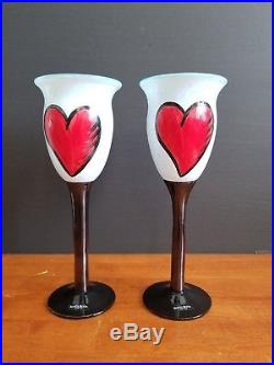 Signed Kosta Boda Ulrica Hydman Vallien Heart Wine Glasses Goblet Set Of 2 Rare
