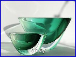 Signed Solid Set VICKE LINDSTRAND KOSTA BODA Two Bowls Green Art Glass, 1950's