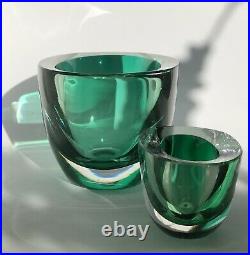 Signed Solid Set VICKE LINDSTRAND KOSTA BODA Two Bowls Green Art Glass, 1950's