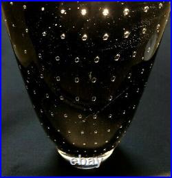 Signed VICKE LINDSTRAND KOSTA BODA Vase Hand Blown Bubbles Black Glass SWEDEN