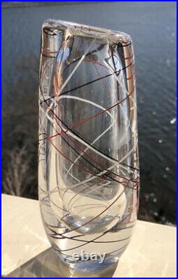 Signed VICKE LINDSTRAND KOSTA BODA Vase Mid Century Glass Stripes SWEDEN, H 8